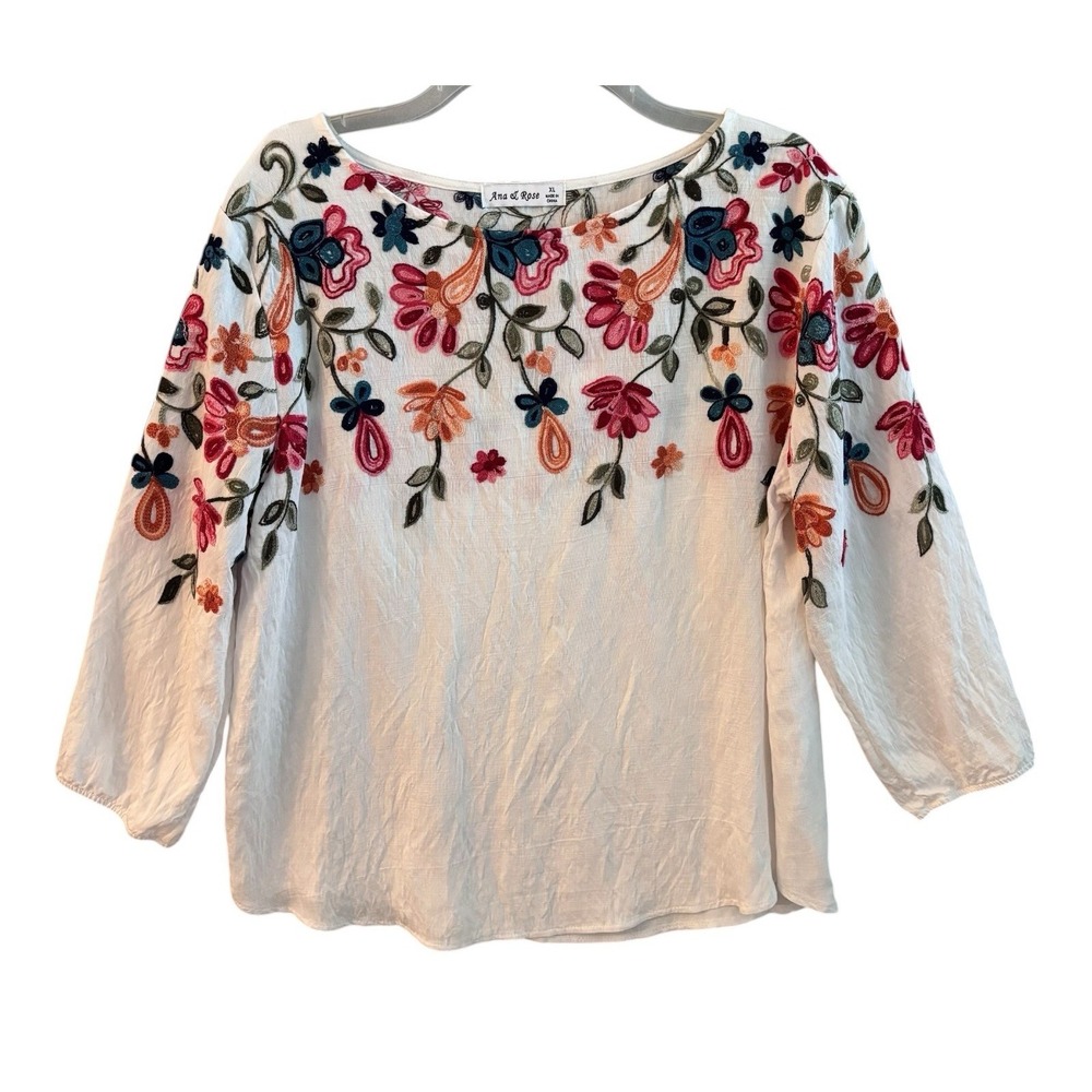 Ana & Rose Embroidered Floral Blouse XL Boho Peasant Top White Multicolor Casual